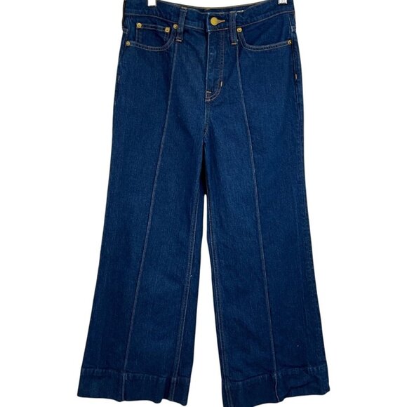 J Crew Pintuck Denim Trouser Rinse Wash Petite Size 27P Wide Leg Dark Blue - Picture 1 of 12